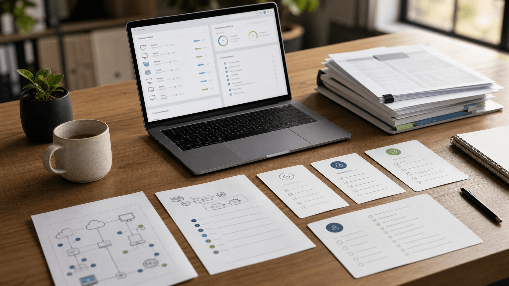 Small business IT consulting workspace with cloud, domain, hosting, and software planning materials.