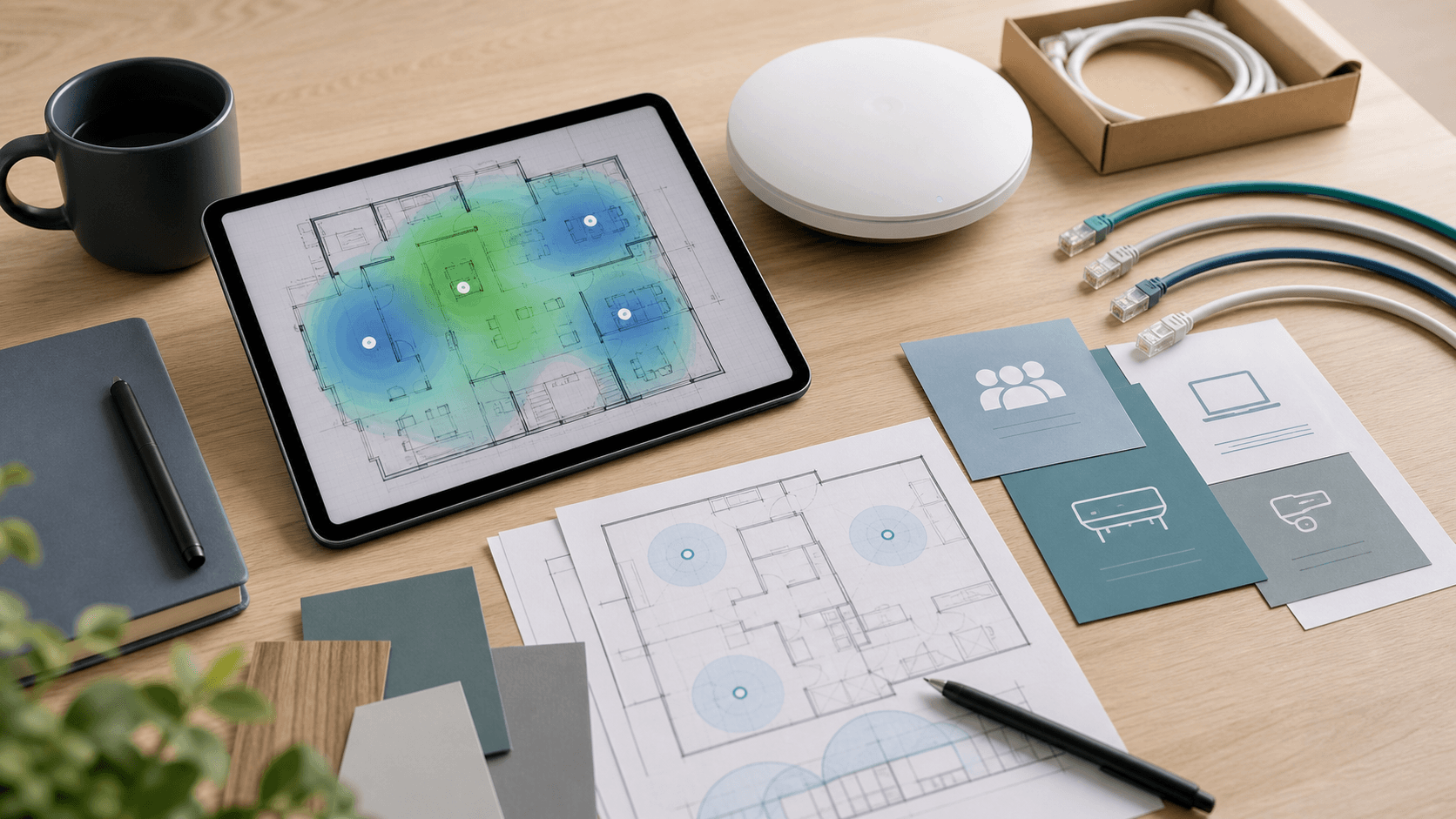 Network and wireless planning workspace with infrastructure, connectivity, and coverage materials.