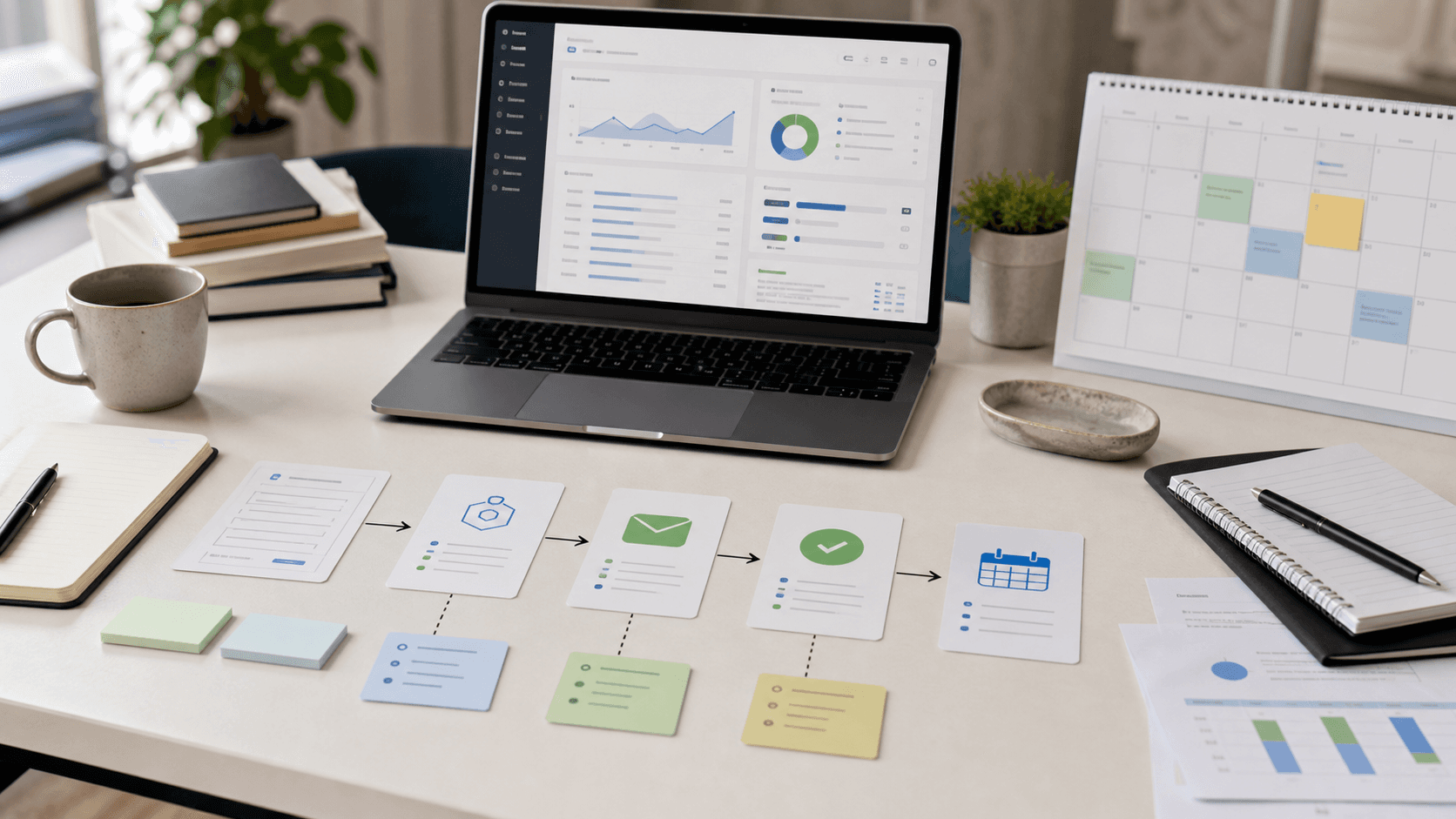 Automation planning desk with workflow cards, dashboard screen, calendar notes, and business process materials.
