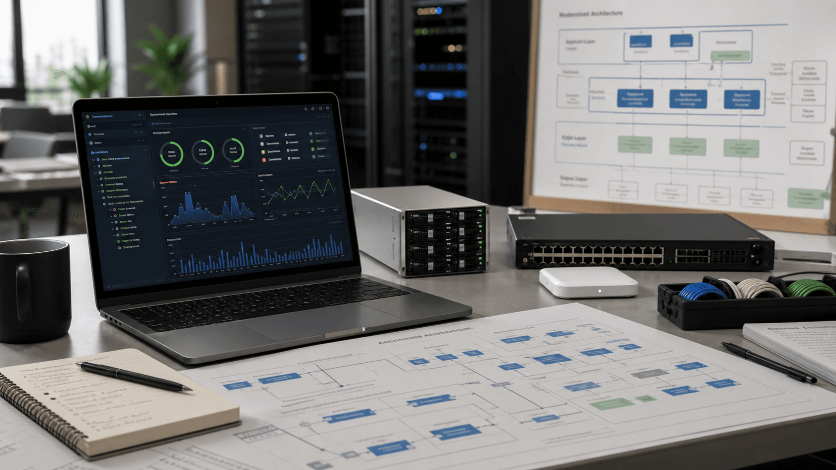 Cloud modernization workspace with deployment dashboard, architecture planning sheets, network hardware, and operations notes.
