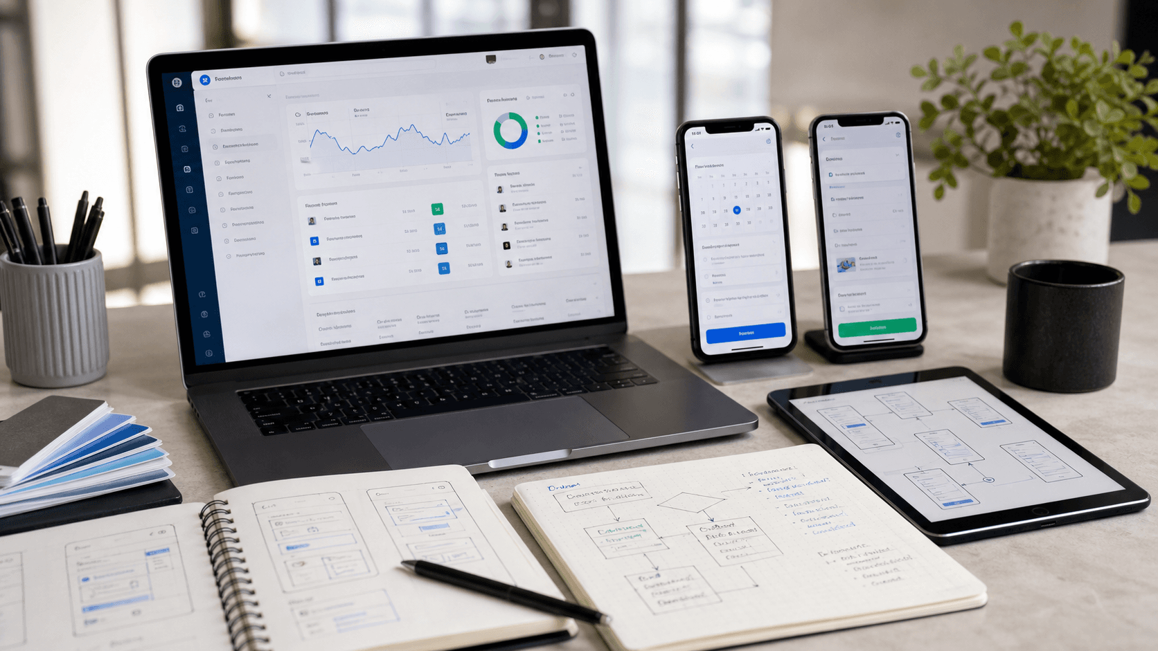 Custom software and mobile app workspace with dashboard screens, phone interfaces, and product flow sketches.