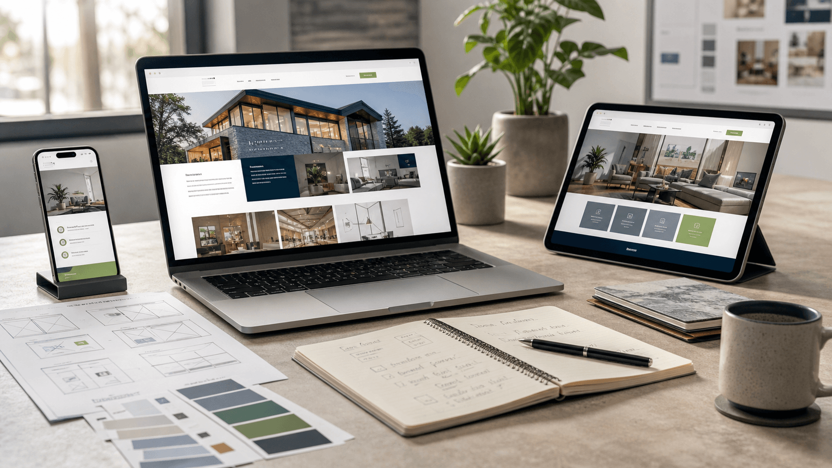 Premium website design workspace with responsive website mockups, wireframes, and brand materials.