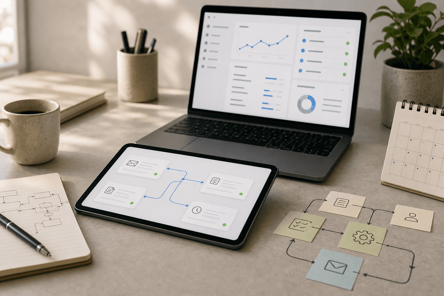 Automation planning workspace with workflow cards, dashboard screens, and process notes.