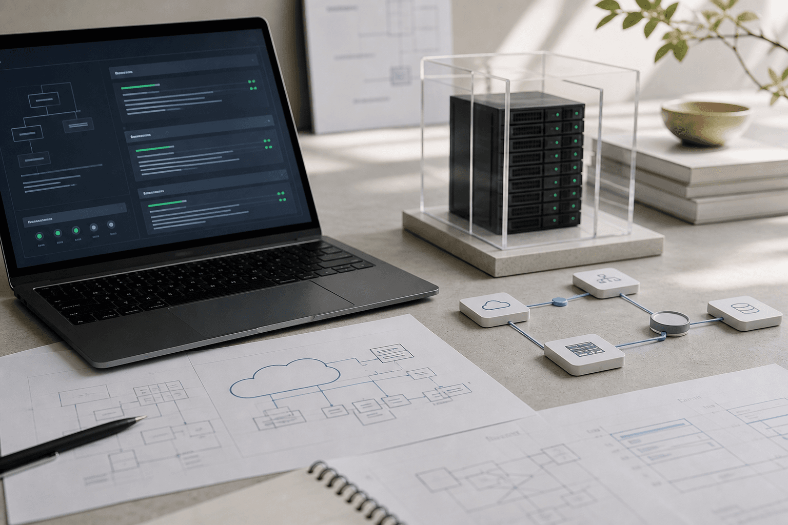 Cloud modernization planning desk with deployment dashboard, server model, and architecture sketches.