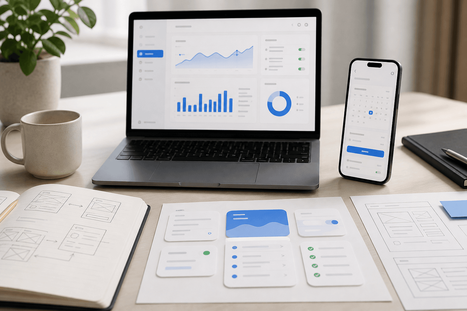 Custom software planning desk with dashboard, mobile app screen, and user flow sketches.