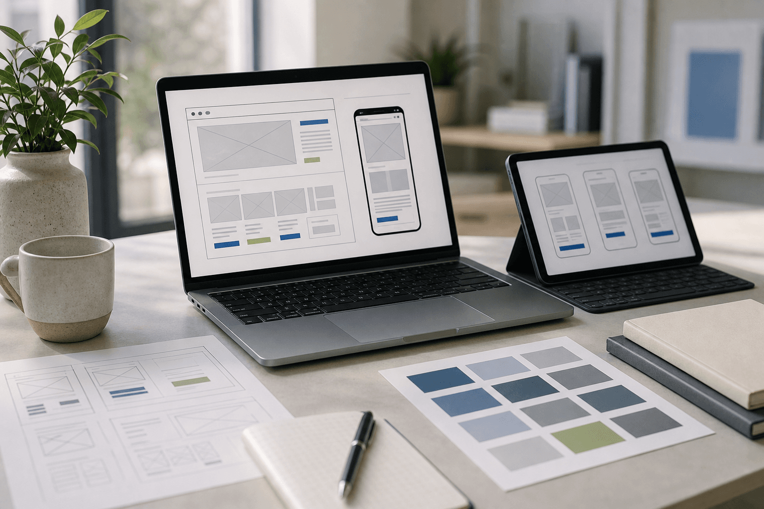 Website design planning desk with responsive wireframes, device previews, and brand color materials.