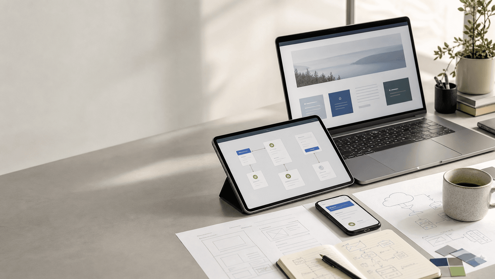 A modern digital strategy desk with website, workflow, app, and cloud planning materials.