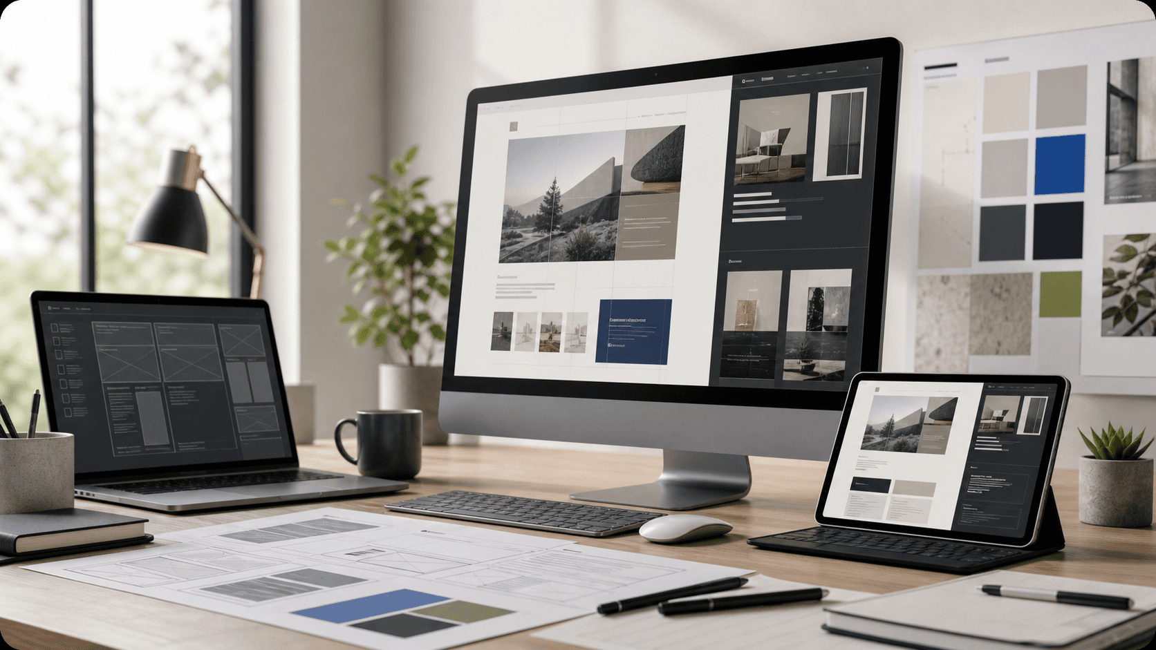 Modern website design workspace with polished screens, wireframes, and brand materials.