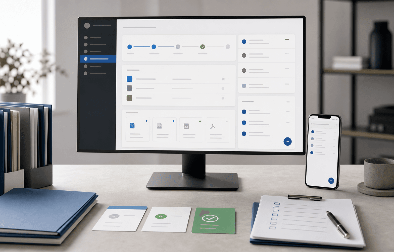Custom client portal concept on a monitor and phone with project cards and approval materials.