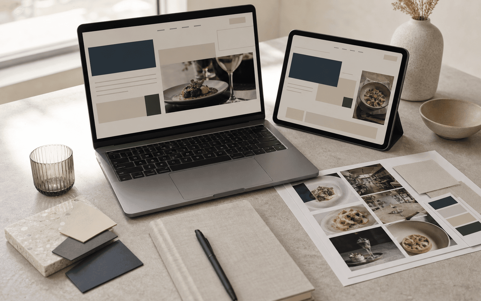 Restaurant website redesign concept shown on a laptop and tablet beside brand materials.
