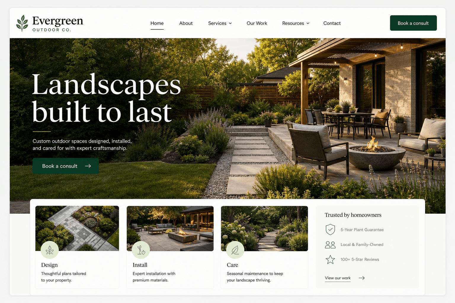 Example landscaping company website homepage