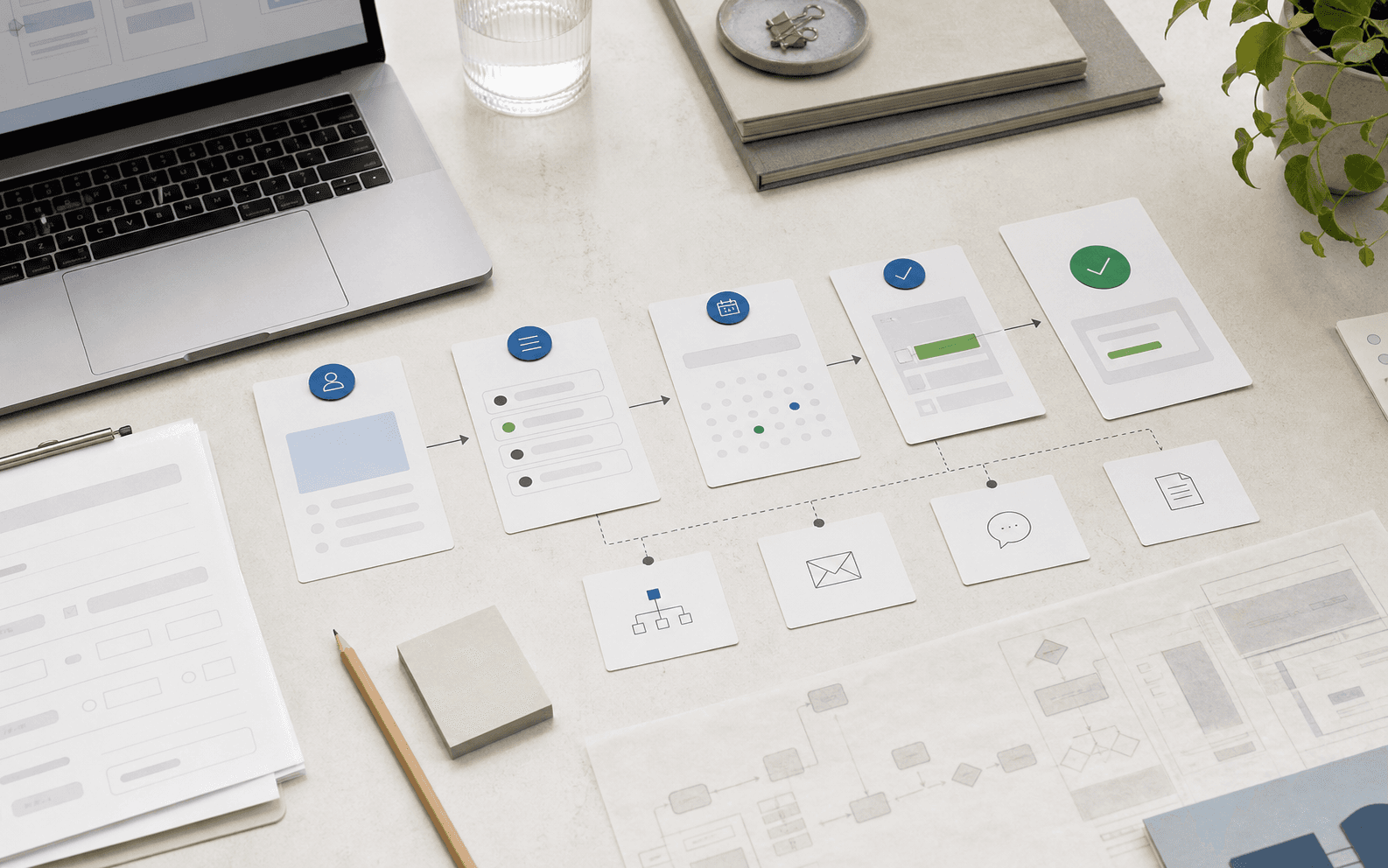 Operations workflow cards arranged across a desk with clean intake and scheduling steps.